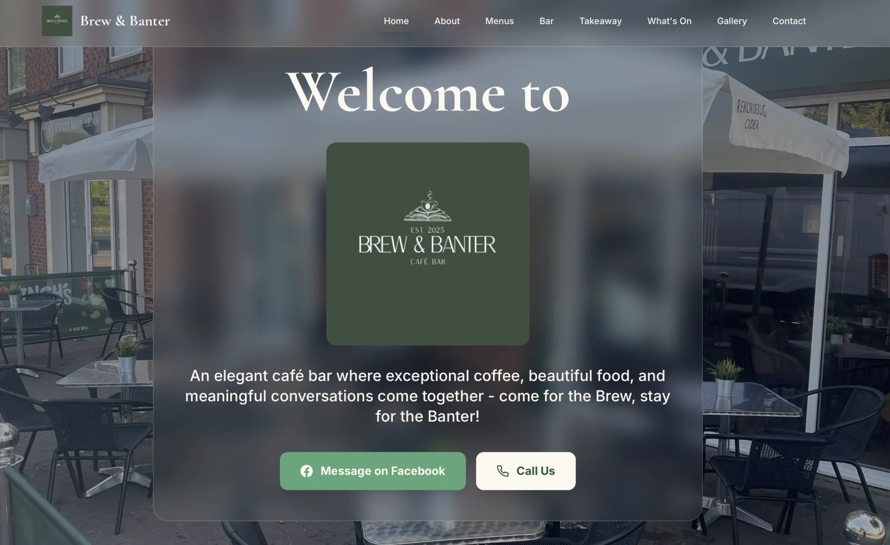Brew & Banter website introducing its café bar and visitor information