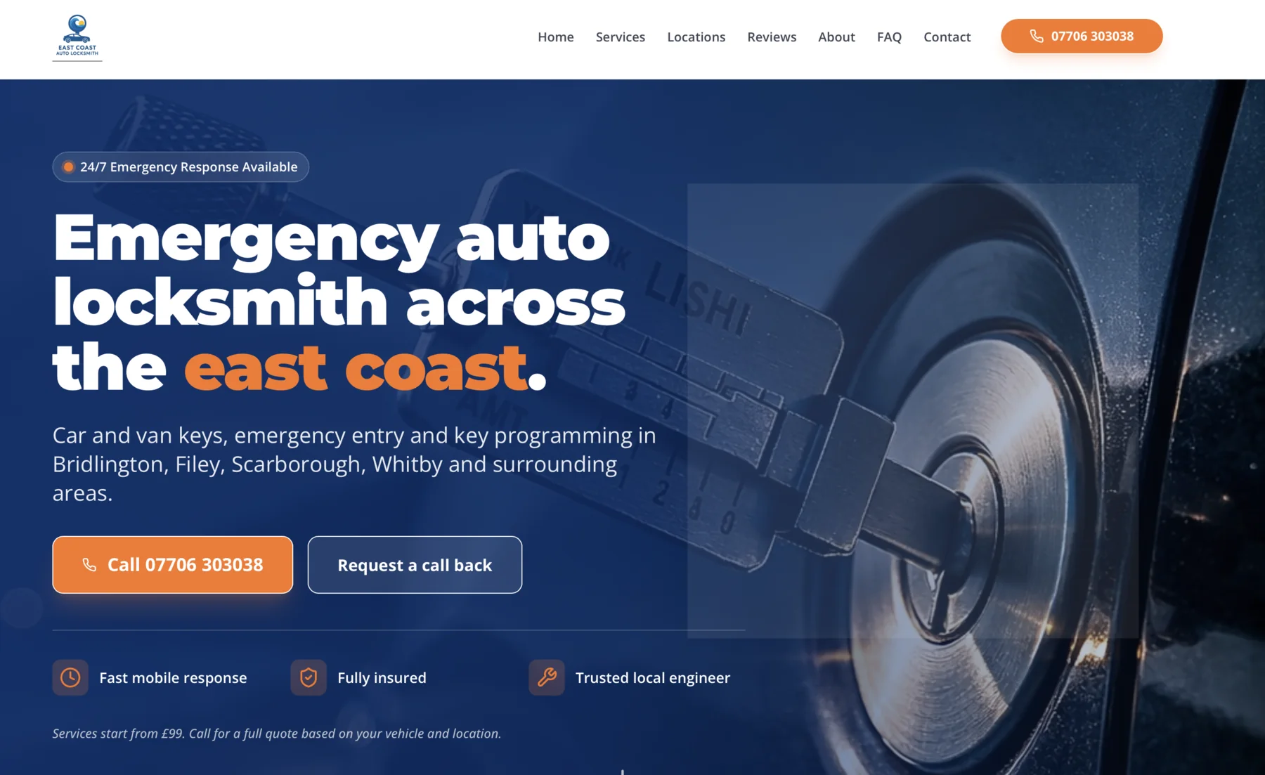 East Coast Auto Locksmith website designed to connect customers with emergency and specialist services