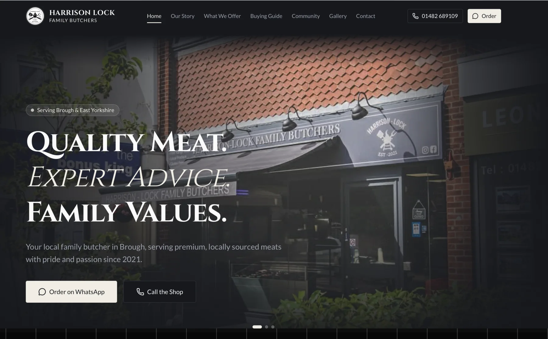 Harrison Lock Family Butchers website featuring its shop-front hero and links to order or call