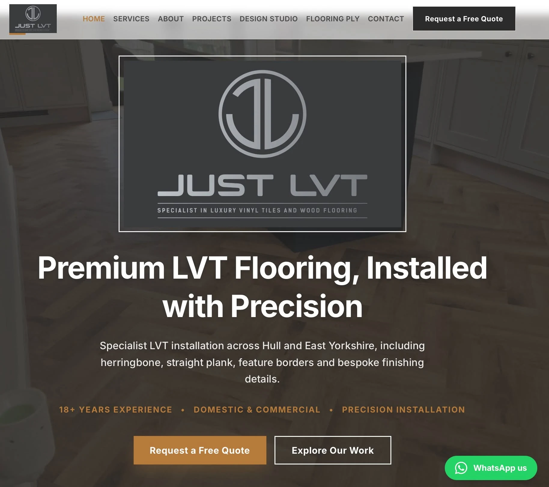 Just LVT homepage showing its luxury vinyl tile flooring service and quote options