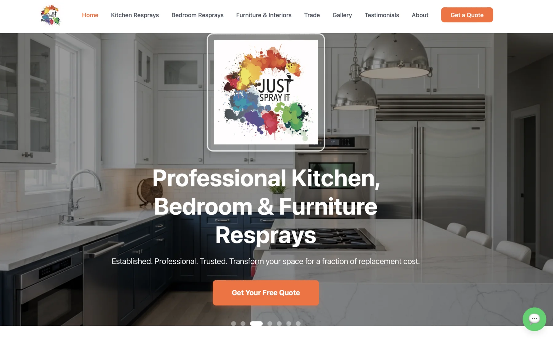 Just Spray It UK website featuring kitchen, bedroom and furniture respraying