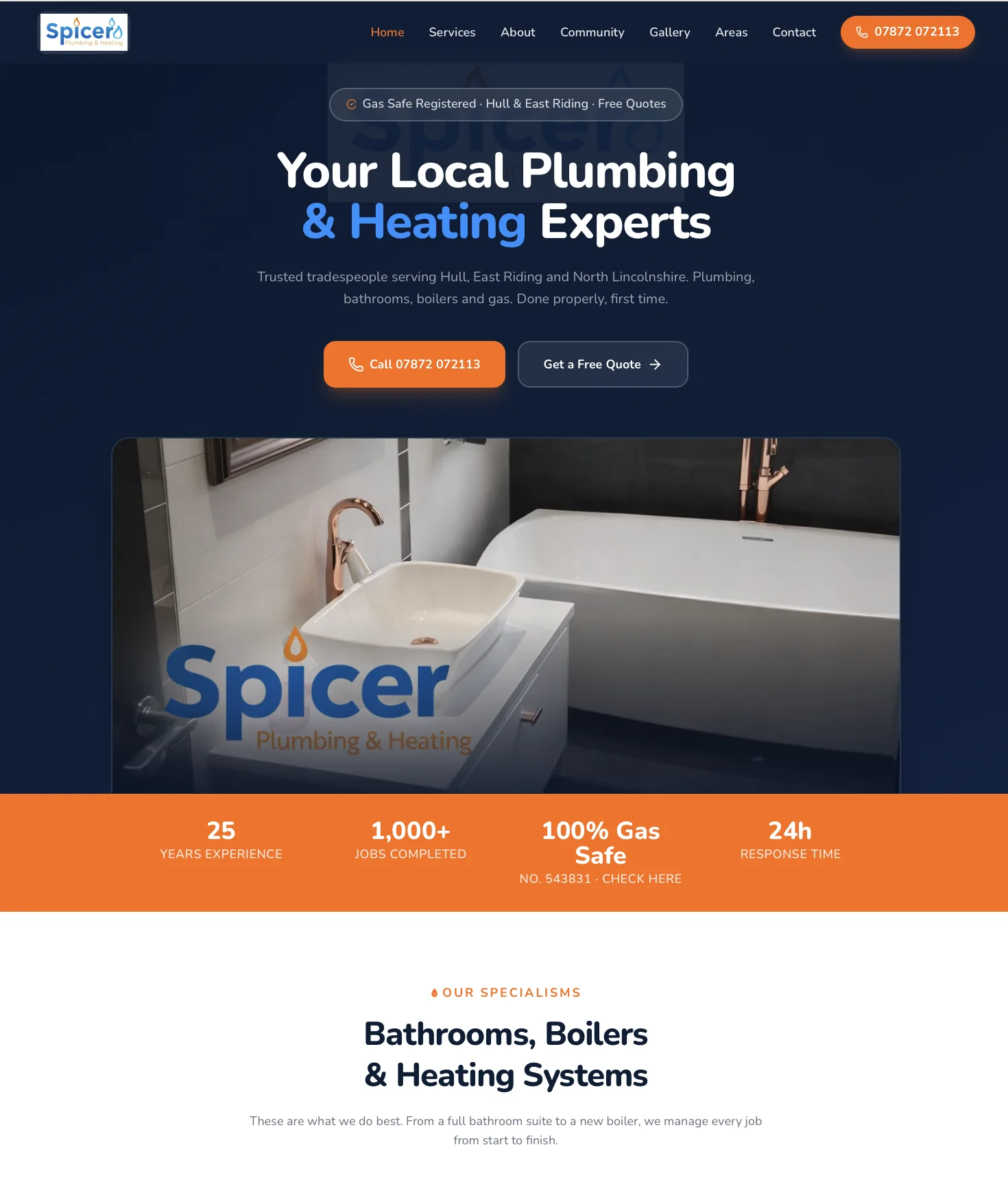 Spicer Plumbing & Heating website showing service information and a bathroom installation
