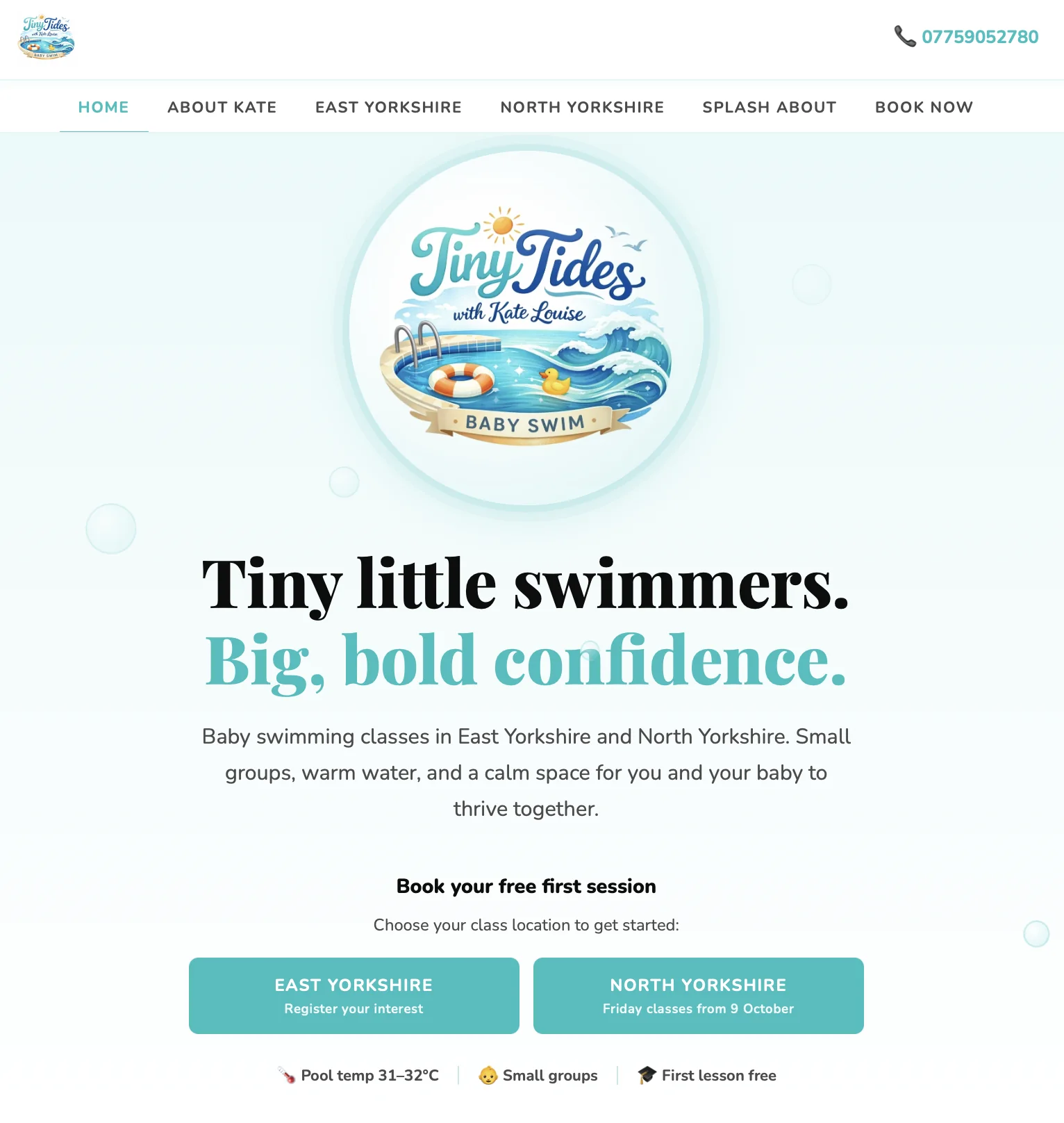 Tiny Tides website introducing baby swimming classes and showing the East and North Yorkshire class choices
